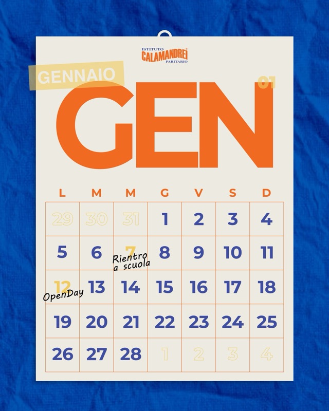 Calendario di gennaio, grafica per Istituto Calamandrei Paritario